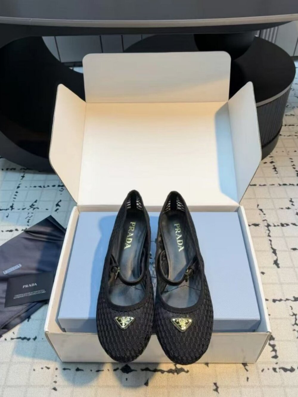 Prada Mesh Fabric Mary Jane Gold Metal Badge Ballet Flats